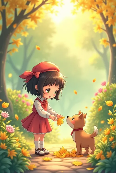 anime、 character 、cute、 girl、 girlにしっぽは要らない、With dog、Picking up fallen leaves in the garden 、Collect as many、
