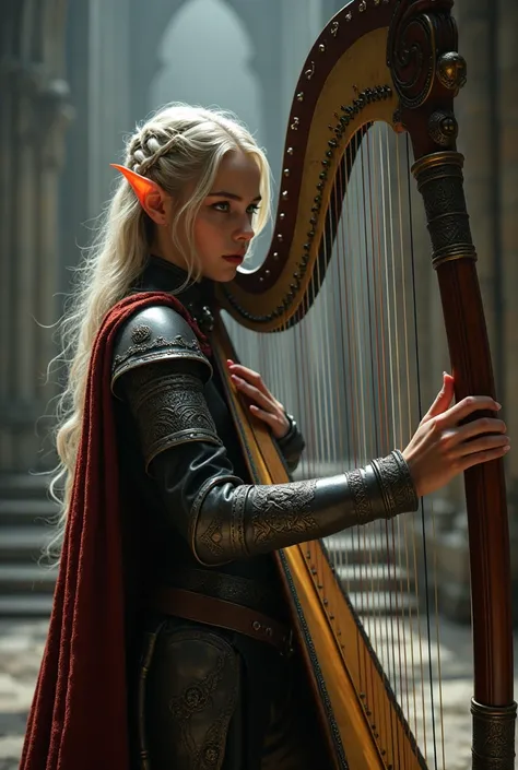 Half-elf girl, metal musician, plays harp fiercely during the Middle Ages