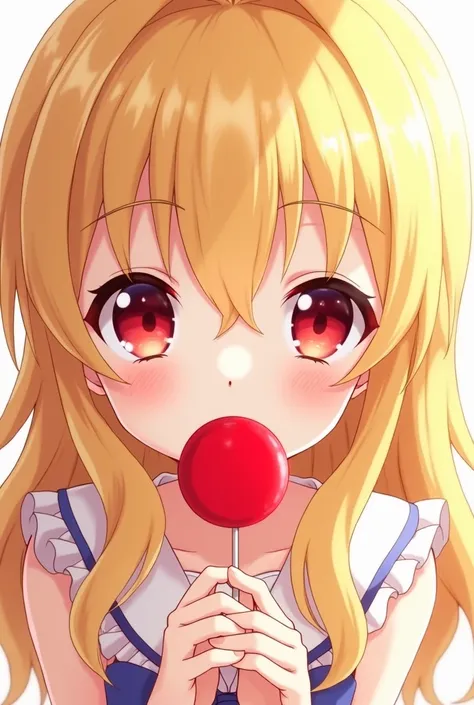 Draw a anime pretty blond girl with a red eyes and lollipop on her mouth