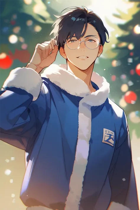 black hair mash hair round glasses blue jersey Santa Claus clothes