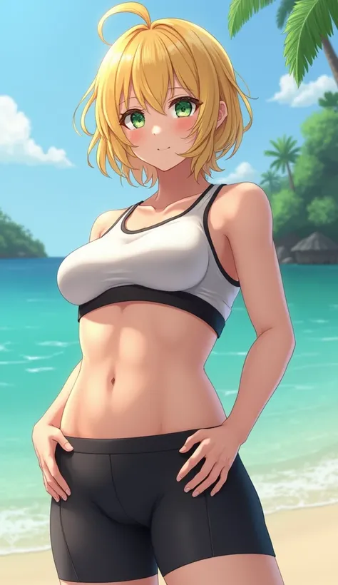 masterpiece, 4K, beautiful, perfect art,  detailed eyes , clean skin, five_Please, light skin, light skin,  athletic build ,  outdoor, curve, high, ((saggy breasts:0.2)), happy,  Bright blond hair ,  very untidy hair ,  short hair, ((wide hips:1.2)), madur...