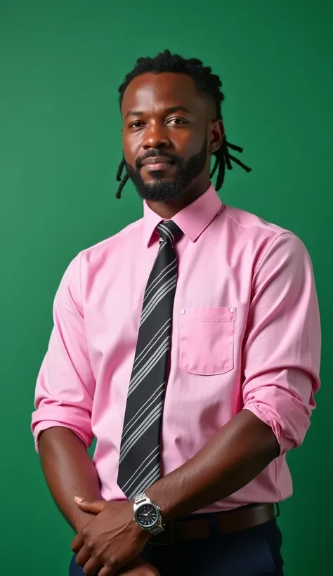 A professional portrait of an African man standing confidently against a solid green background. He has a clean and neat hairstyle with braids in short pigtails braided back. He wears a well saturated pure pink shirt, with a black and white tie. His hands ...