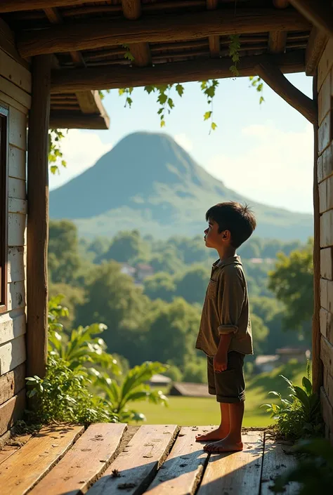 Create an image of a boy on the porch of a house looking at the table hill located in Poxoreu Mato Grosso
