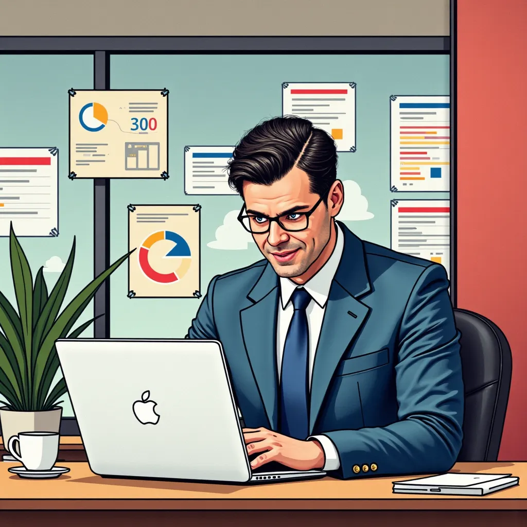 a comic-style pop-art illustration of a professional gm42 manager sitting at a desk in a modern office, focused on a macbook pro...