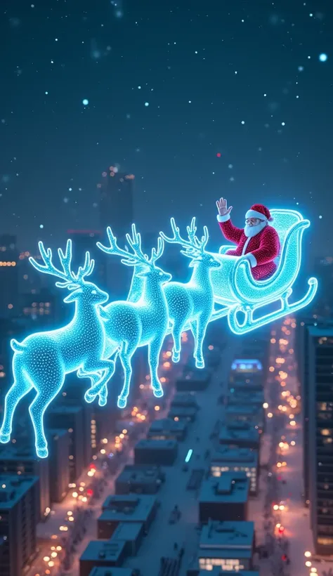 A futuristic sleigh pulled by glowing holographic reindeer flying over a snowy city. Each reindeer is made of radiant blue light, with intricate details in their glowing frames that pulse like a digital heartbeat. The sleigh itself hovers mid-air, leaving ...