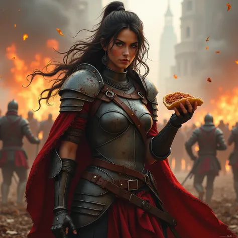 A female warrior standing in the middle of a battle, eating a minced meat lahmacun. This will be a logo.