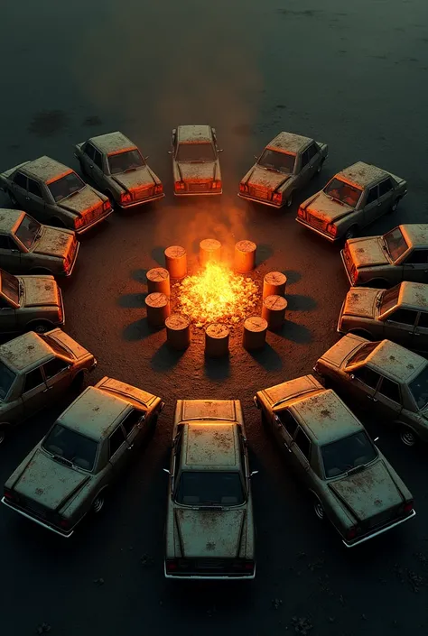 Circle of cars with burning barrels 