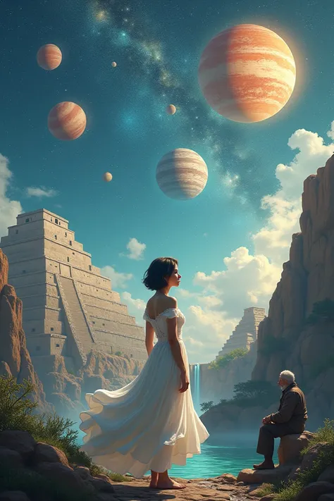 Une femme en robe aux cheveux court, une cité maya, un univers de 7 planetes dans une galaxie étoilée et pailletée. une petite cascade, un vieux sage et un astronome plus loin