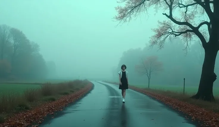  Autumn sad song MV promotional poster cover ，Fallen leaves，Big maple trees are overgrown . fog, cloudy weather. An oriental woman with short to medium length hair is walking on a curved rural road.  Im wearing white sneakers.  Desolate Atmosphere  ，Autumn...