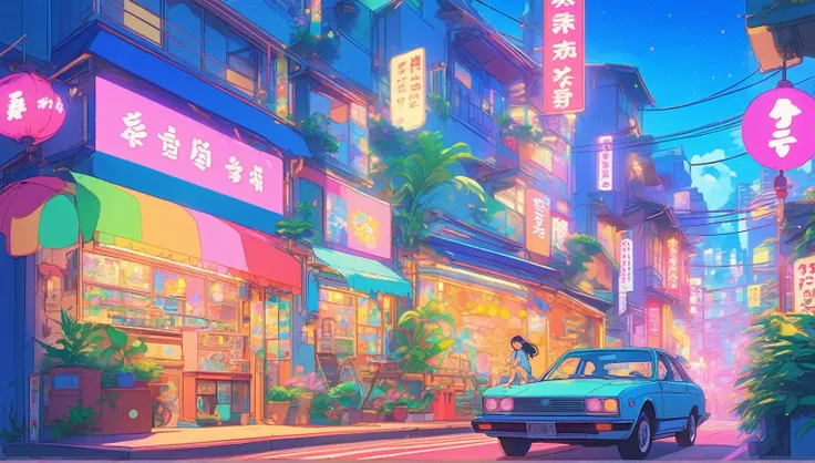 masterpiece,  best quality, Rainbow Style, Anime,  BEAUTIFUL ASIAN GIRL , K-Pop aesthetics and style,  Tattoo - inspired, City,night、building、 80s American hippie style, Along the Hawaiian Coast, Cute and dreamy,Anime, illustrator, Lofi Girl , Studio Ghibl...