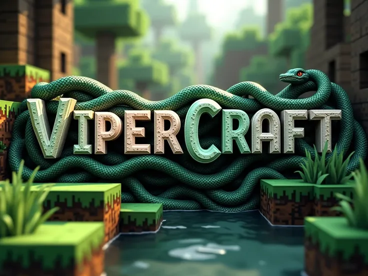  Create a banner for my Minecraft server. On the banner should be in Minecraft font  ,,Vipercraft´´. The theme should be snakes .