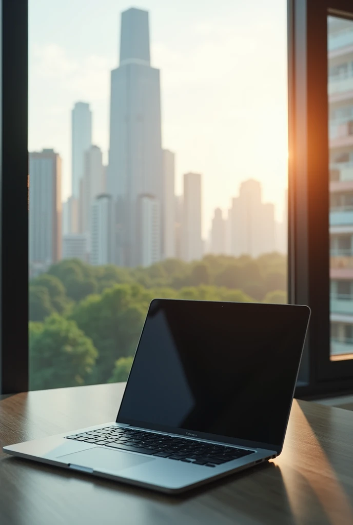 there is a laptop computer sitting on a desk in front of a window, with backdrop of natural light, sunny environment, window and city background, office background, skyscrapers with greenery, working in an office, view from window on megapolis, in an offic...