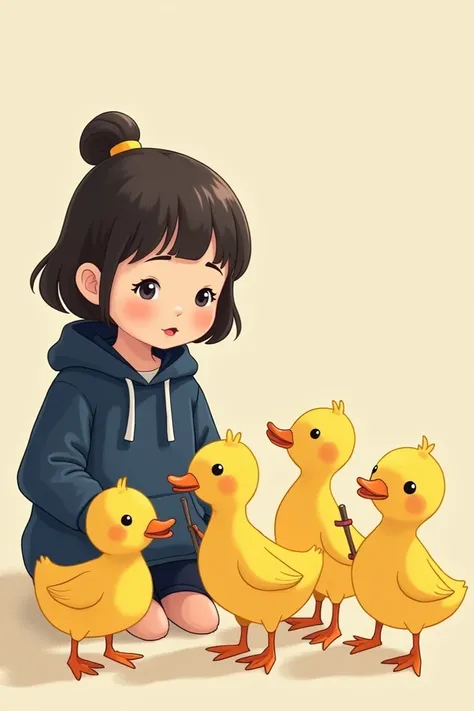 A semi-realistic cartoon illustration featuring a girl in a navy blue hoodie, interacting with a group of cheerful yellow ducks. The ducks have lively expressions, and some are using tiny props like sticks or toys. The art style uses soft shading, solid co...