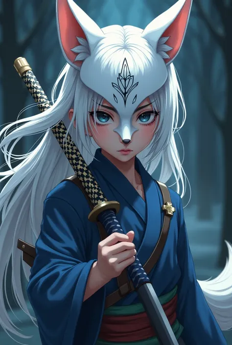  fox mask ,White long hair, anime ,Katana,boy