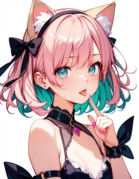  High image quality 、        High Quality       、         girl with cat ears      、         salmon beige hair    、 pastel pink inner color、Beige ears 、 medium hair   、  Rob    、    The hair is beige and pastel pink、     turquoise eyes  、  short、       smal...