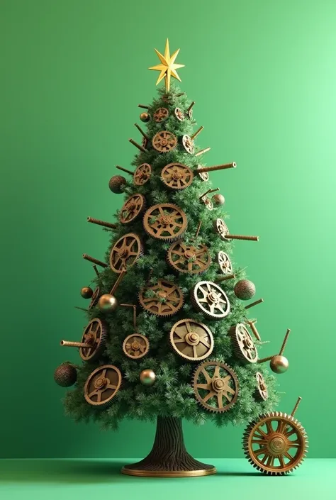 A Christmas tree made of worm wheels with worm shafts in front of an apple green wall with a spindle drive next to it 