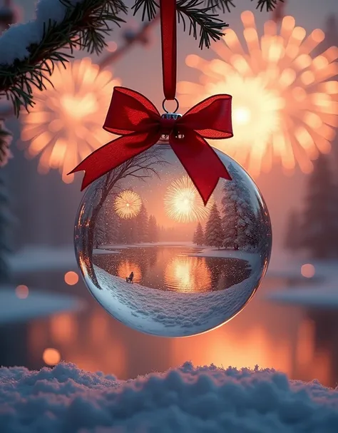 a transparent Christmas tree ball with a red ribbon, divided in half, into which you can insert a round photo on a beautiful New Years background