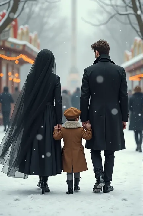 Its snowing Mom has a black dress on her head Black veil on her head Dads black coat parents hold the s hand Theyve gone to the amusement park The boy has a brown coat on his head Brown beret Hes got black boots on his feet