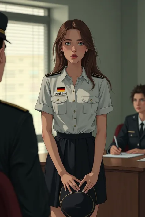 German female young turkish bundeswehr recrut, standing at attention in front of a desk pov of behind the desk. It is a small buero, her uniform contains a white shirt and a black skirt. She wears her military hat under her left arm. She wears light make u...