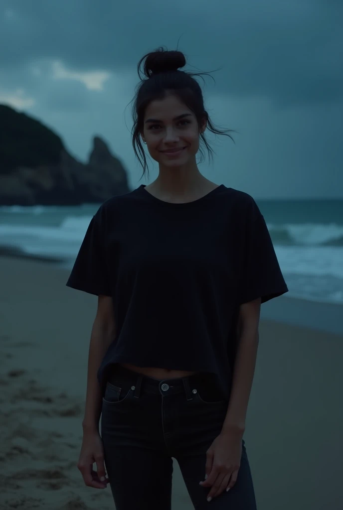 A cute and cheerful 25 year old adult woman stands on the beach with a dark blue sea and cloudy sky as a background. He was wearing a plain black loose t-shirt, black jeans. Her hair was tied up in a bun with a black hair tie, and she was a famous supermod...