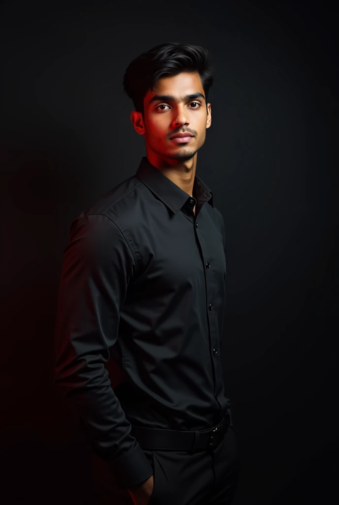 18 year old indian boy With fair goal skin  and midem body Posing for a picture in formals he standing on a black wall A faint red light appeared on the left side of his face 