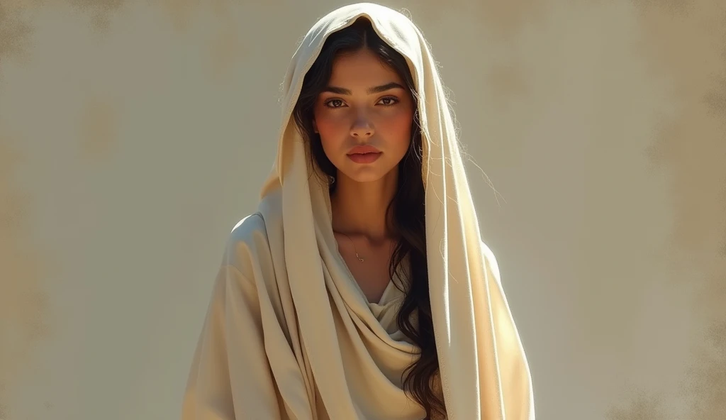 Show Ruth, a Moabite woman, dressed in a simple, modest robe, with a gentle and humble expression. 