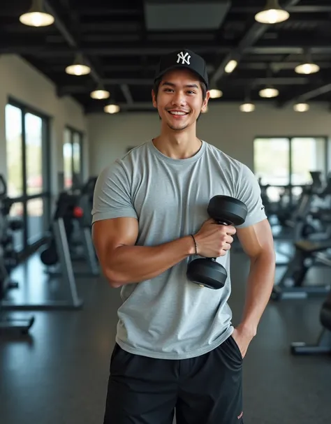 A 22 years old young man is taking a selfie in a gym setting. He is wearing a black cap with Newyork Yankees logo, a light gray t-shirt, and black shorts. His left arm is bent, holding a phone, while his right arm is hangging the 10kg dumbell. The gym is w...