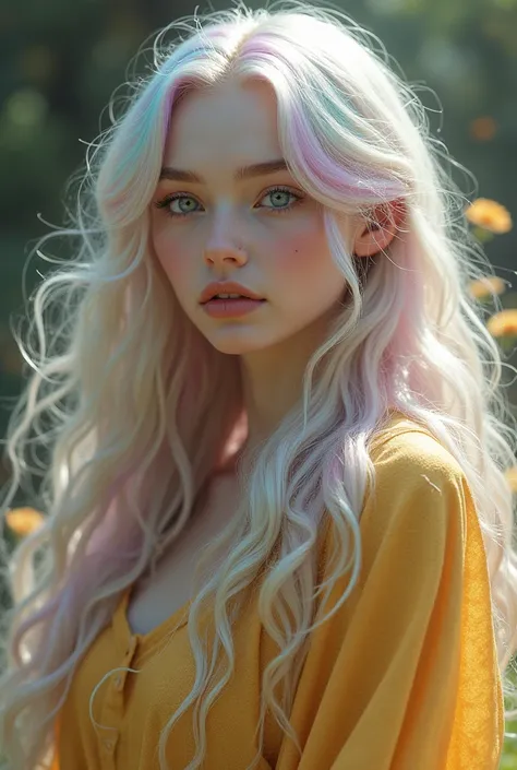 Make a life element RPG character who has long pastel rainbow hair. Your eyes are lilac. your skin is pale, and she wears a golden robe. Shes not an elf