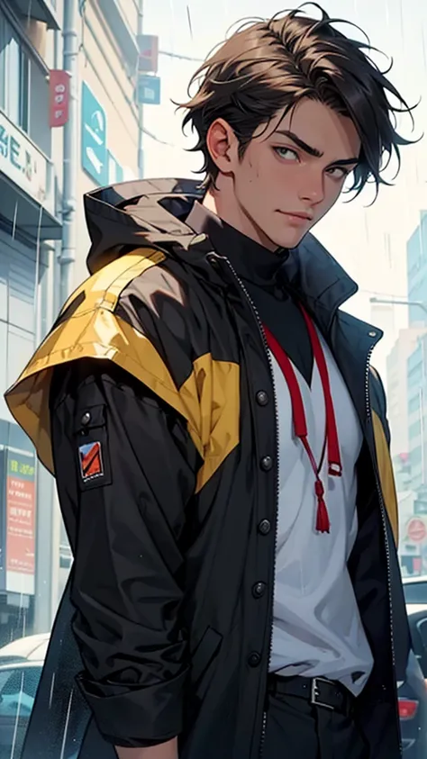 (( best quality)), ((masterpiece)), ( perfect face) , a handsome young man , a beautiful young man like an idol , hes extending one arm over here, he distorts his face in pain , he has short hair ,彼はRaincoatを着ている,He has a good physique ,((( a young and han...