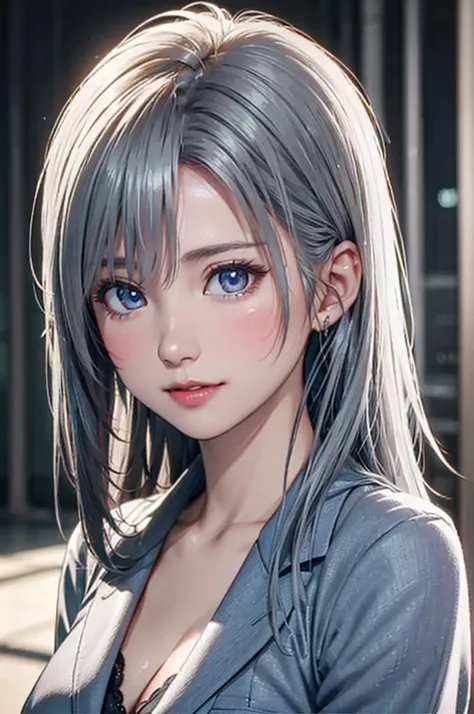 (8K, best quality:1.3), hyper-realistic detailed, (photorealistic:1.3), (RAW photo:1.2), soft lighting, A gaze that captivates the viewer, portrait, (very short silver-white hair), detailed hair, cute face, glowy skin, beautiful breasts, 8K, beautiful, wea...