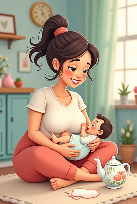 Cartoon mother sitting , pumping breast milk from the breast into a teapot 