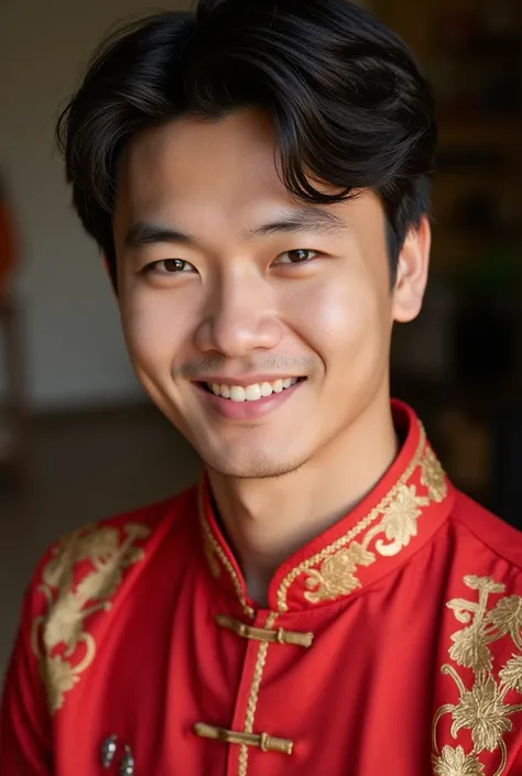 Young Chinese man in traditional clothes real image smile