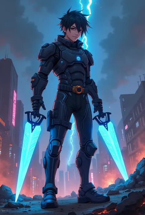 Pose: Rayan stands confidently on a crumbled rooftop with his plasma blade ignited, glowing bright blue. His Exo-Sync Suit is sleek and futuristic, featuring glowing blue circuits running across its black metallic armor. His left arm is raised, with a smal...