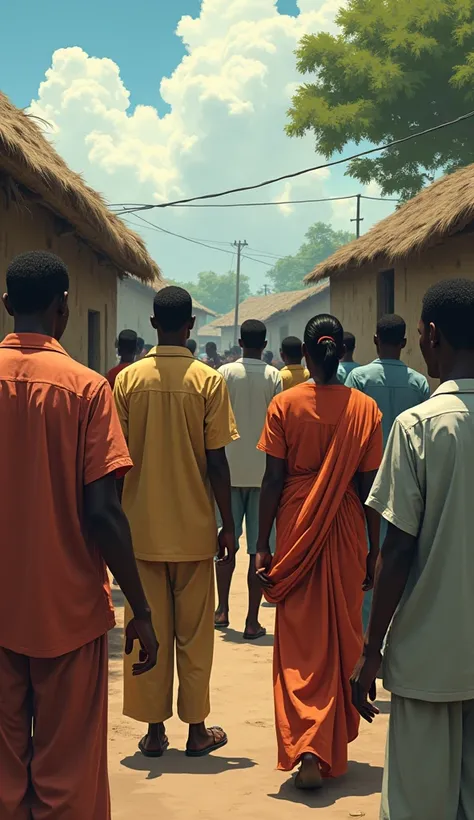 The three strangers walking away, looking frustrated, while the Nigeria villagers watch them with resolute expressions.