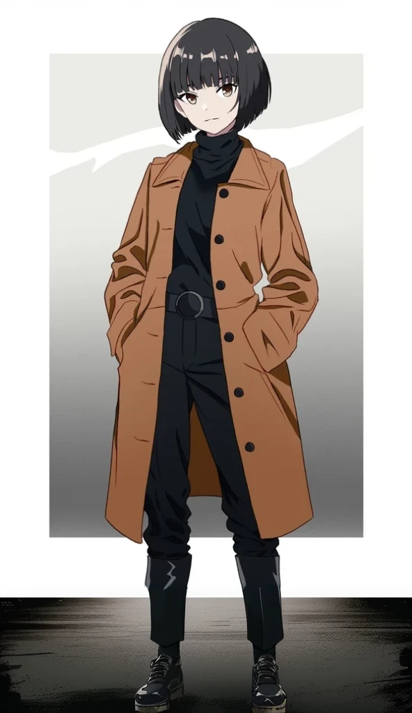 Woman in trench coat and black pants standing in front of white background, as an  anime character , ( (  and a fox mask and   ) ), Single character full body,  Female Protagonist 👀 :8,  anime character , Photo of a-1,  anime style character , Sincerity ka...