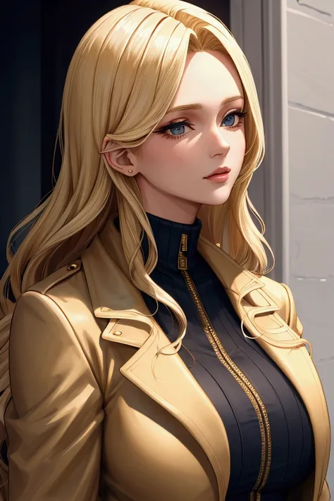 A beautiful woman with blond hair and wearing a jacket