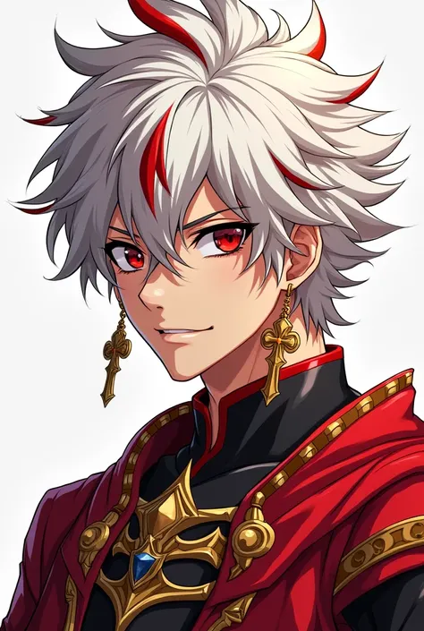 Highly detailed anime-style male character with sharp features, intense smirk, and short, messy white hair with vibrant red streaks. The character has a distinctive scar running vertically across their right eye, adding a fierce and battle-worn charm. They...