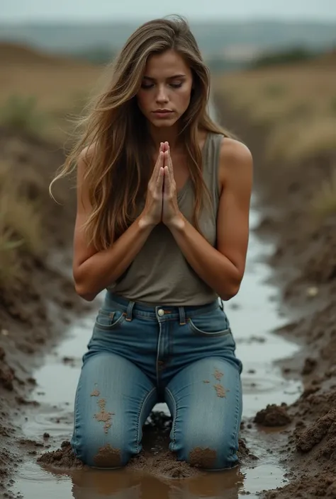 Pretty woman kneeling and praying in the mud in jeans