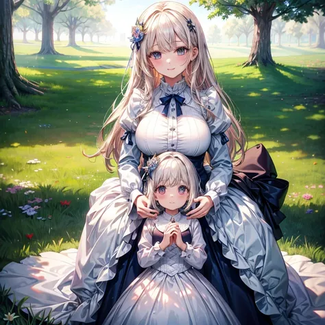 (( best quality)), ((masterpiece)), (  Details), ( ultra high resolution)、
(((Mother holding her  、Mother and  on good terms )))、 big big breasts 、
 perfect face、超 Detailsな肌、(Perfect Fingers、Perfect hands)、 perfect body for a lawn、
 gentle smile 、( cowboy ...