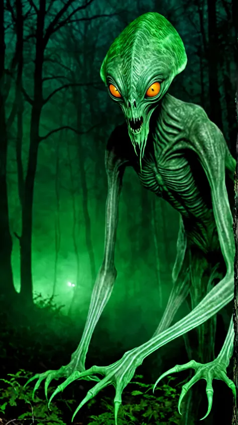 A detailed 3D rendering of the Dover Demon, a mysterious creature that lives in Dover, Massachusetts. The creature is about 4 feet tall with a slender, almost skeletal body. Its skin is smooth and gray, and it glows faintly in the dark. The Dover Demon has...