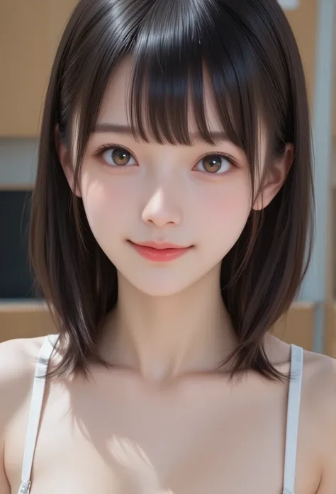 (((,age 14, Cute Japan person ,junior idol,nude,nsfw,covering breasts,straight hair,black hair,in heat,embarrassed,))),slender、 small breasts:2,thigh out of frame    ,photorealistic、masterpiece、 High Quality、 fine skin 、 Details、 RAW Photos、