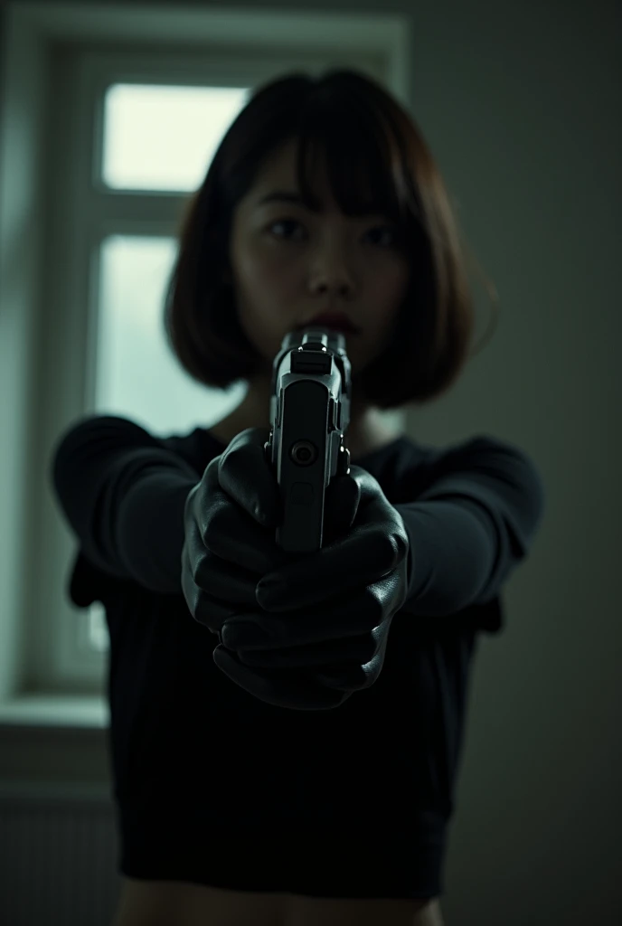 korean girl, ( Behind Bontage , black,  black gloves ,  room , ropa black,  black gloves , woman on top,  Behind Bontage  ,  looking at the spectator ,  mass murderer , murderer, short hair low , Dark atmosphere,  cinematic lighting ,  gun , Luz de la vent...