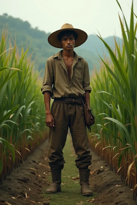 Sad fair-skinned young man    ,  working on the farm in the cane field , old clothes 