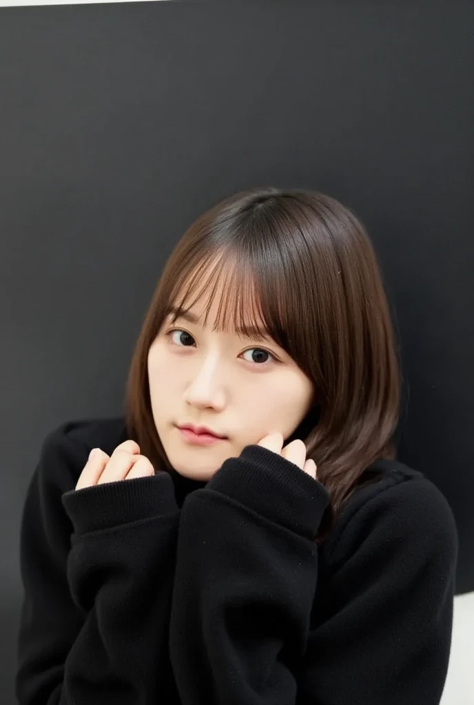 ((( face close-up)))、((( shoulder length brown straight short bob)))、((( shes posing like a hair salon model, Indoor black wall background.)))、(((Casual black winter long sleeves covering the shoulders)))、Half Japanese, Half Korean、 an 18 year old girl、 st...