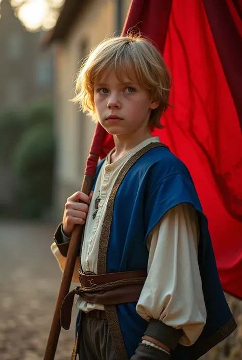 Beaucoup, Devant, portrait, garçon aux cheveux blonds mi-longs, en plein air, Rétroéclairage,  lumière douce, médiéval, France, holding rouge flag, regarder, rouge, bleu, blanc, pantalon