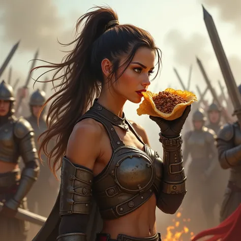 A cool female warrior standing in the middle of a battle, eating a crispy wrap filled with plenty of minced meat evenly spread on thin dough. This will be a profile picture.