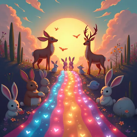 Rainbow Bridge, Bridge like Rainbow, colorful Bridge, On a rainbow bridge that seems to leap out of a dreamlike fairy tale, various animals gather together to weave a vivid and harmonious picture. The bridge is woven with colorful ribbons of light, like th...