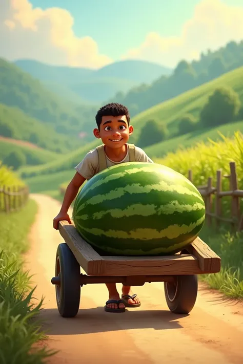 A  carrying watermelon and going to the market on a cart