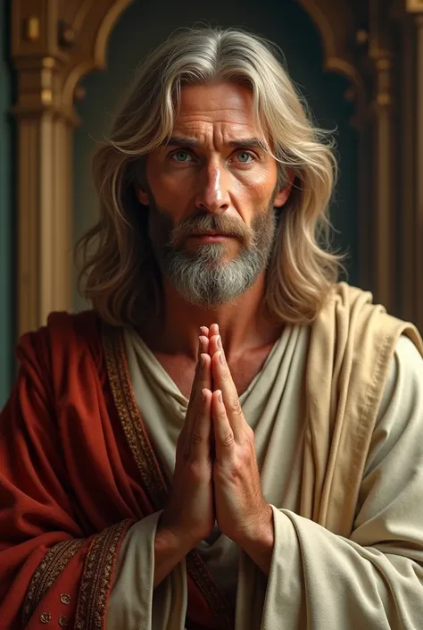 CREATE A REALISTIC IMAGE OF JESUS, JESUS ​​IS LIGHTLY BLONDE, LOOKS OLDER, IN HIS 40S 50S. HIS EYES ARE EXTREMELY BLUE. JESUS ​​IS IN THE FOREGROUND, NEAR THE CAMERA. YOUR HANDS ARE TOGETHER IN A SIGN OF PRAYER. THE BACKGROUND OF THIS IMAGE, BACKGROUND, RE...