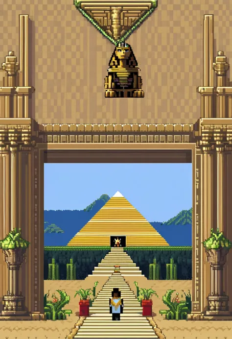 pixel art,(Minecraft-inspired pixel art),A sphinx attacks the adventurer at the entrance to the pyramid.